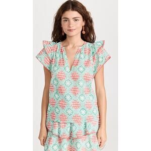 Marea Womens Blouse Grace Flutter Top With Trim V-Neck Cotton Bright Pina XS NWT